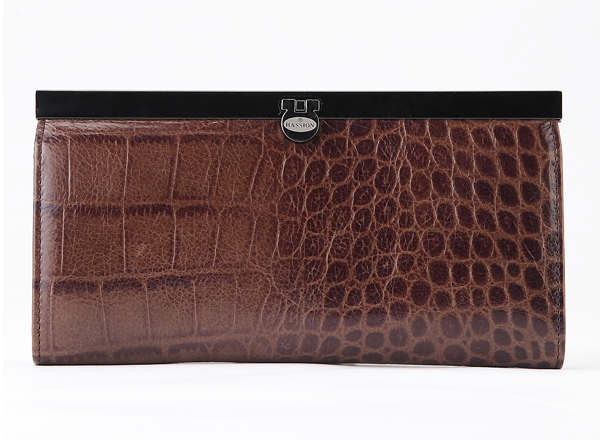 HASSION brown croco leather clutch wallet with long frame for women